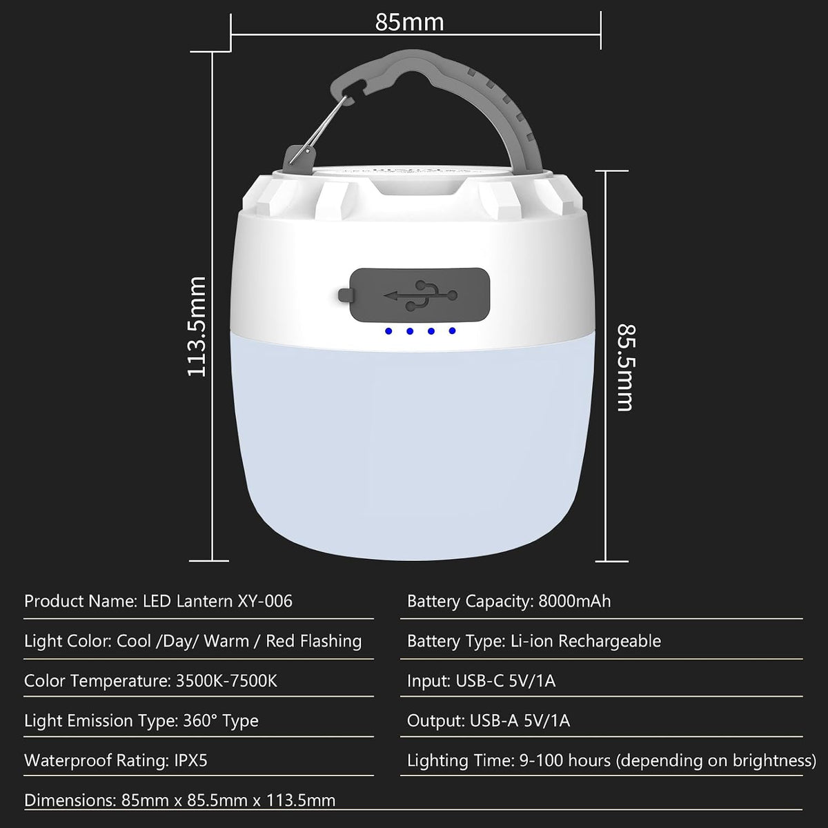 LED Camping Light, 8000mAh Camping Lantern Rechargeable, portable light with 4 Modes, Stepless Dimming, Built-in Magnet, IPX5 Waterproof, Tent Light for Camping, Emergency Lighting, Hiking, Fishing