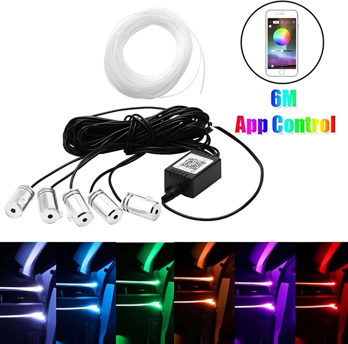 شريط إضاءة LED للسيارة من وازيكيز، أضواء داخلية للسيارة بالألوان المتعددة RGB 5 في 1 مع ألياف بصرية بطول 6 متر يناسب جميع السيارات، ديكور لوحة العدادات، تحكم عبر تطبيق البلوتوث