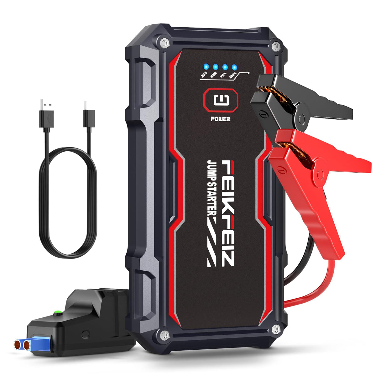 FEIKFEIZ Car Jump Starter, 6000A Peak 26800mAh 12V Battery Jumper Starter Portable for Up to All Gas/8.0L Diesel Vehicles with USB Charge Output Port and LED Lights.