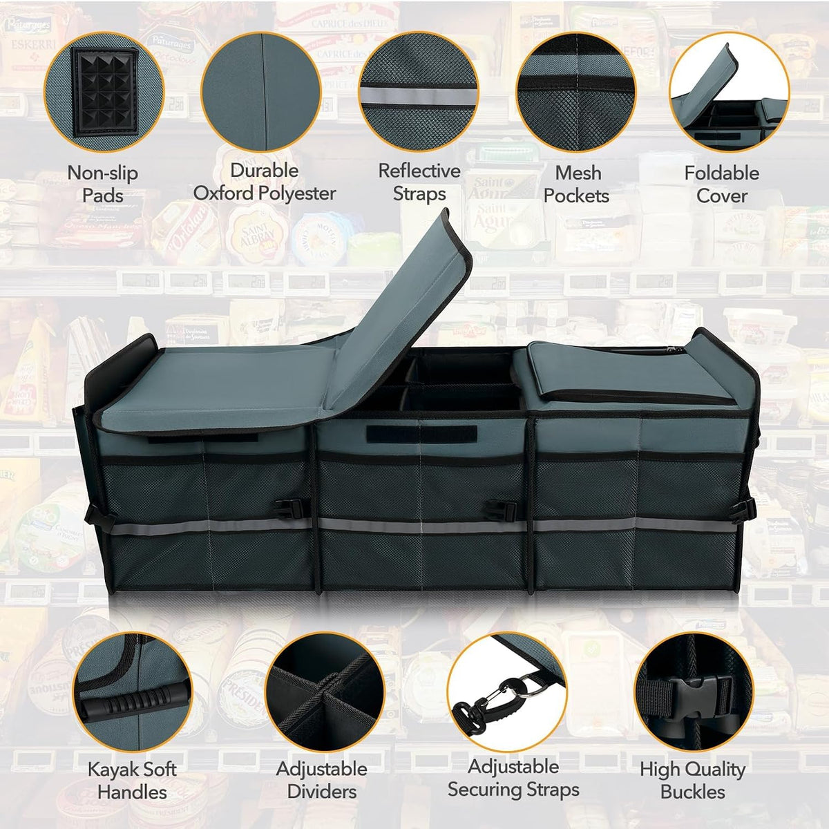Trunk Organizer With Built-in Leakproof Cooler Bag, 2 Tie-Down Straps, 4 Removable Dividers, Foldable Cover, Built with 2mm PE Board, Gray