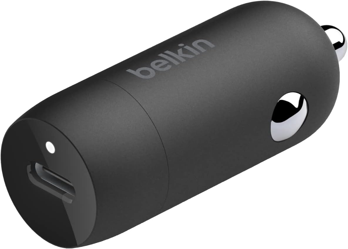 شاحن سيارة سريع Belkin BoostCharge 30W، تصميم صغير الحجم مع منفذ توصيل طاقة USB-C، شاحن سيارة USB متوافق عالميًا مع iPhone 16 و15 وSamsung Galaxy S23 وNote وPixel والمزيد - أسود
