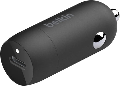 شاحن سيارة سريع Belkin BoostCharge 30W، تصميم صغير الحجم مع منفذ توصيل طاقة USB-C، شاحن سيارة USB متوافق عالميًا مع iPhone 16 و15 وSamsung Galaxy S23 وNote وPixel والمزيد - أسود