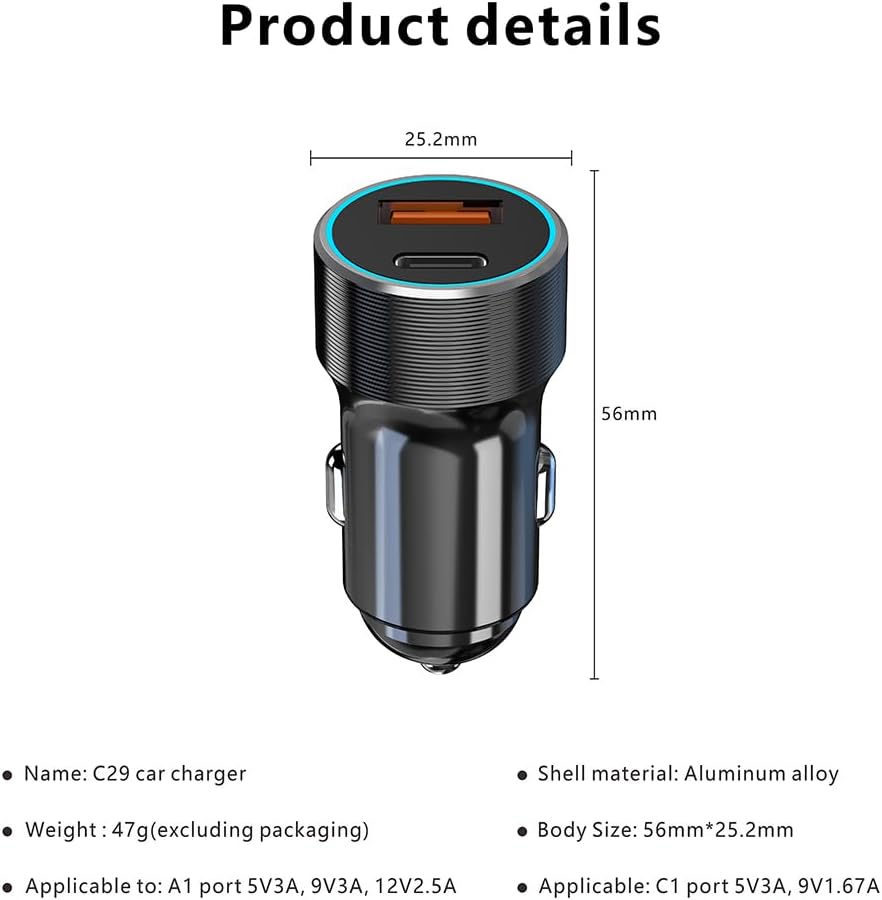 شاحن سيارة C29 USB-C بقدرة 60 واط من اكس زد ام، محول سيارة USB + نوع سي، شاحن هاتف سيارة صغير الحجم لايفون، لا غنى عنه للرحلات البرية، متوافق مع 5 فولت-12 فولت (USB + نوع C)