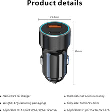شاحن سيارة C29 USB-C بقدرة 60 واط من اكس زد ام، محول سيارة USB + نوع سي، شاحن هاتف سيارة صغير الحجم لايفون، لا غنى عنه للرحلات البرية، متوافق مع 5 فولت-12 فولت (USB + نوع C)