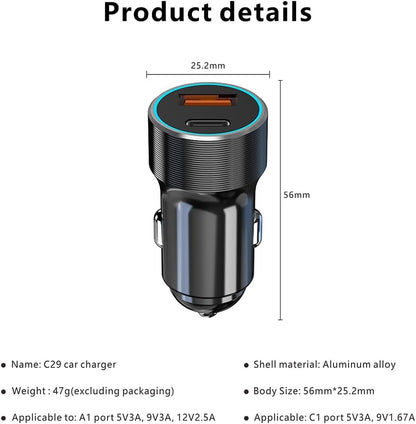 شاحن سيارة C29 USB-C بقدرة 60 واط من اكس زد ام، محول سيارة USB + نوع سي، شاحن هاتف سيارة صغير الحجم لايفون، لا غنى عنه للرحلات البرية، متوافق مع 5 فولت-12 فولت (USB + نوع C)