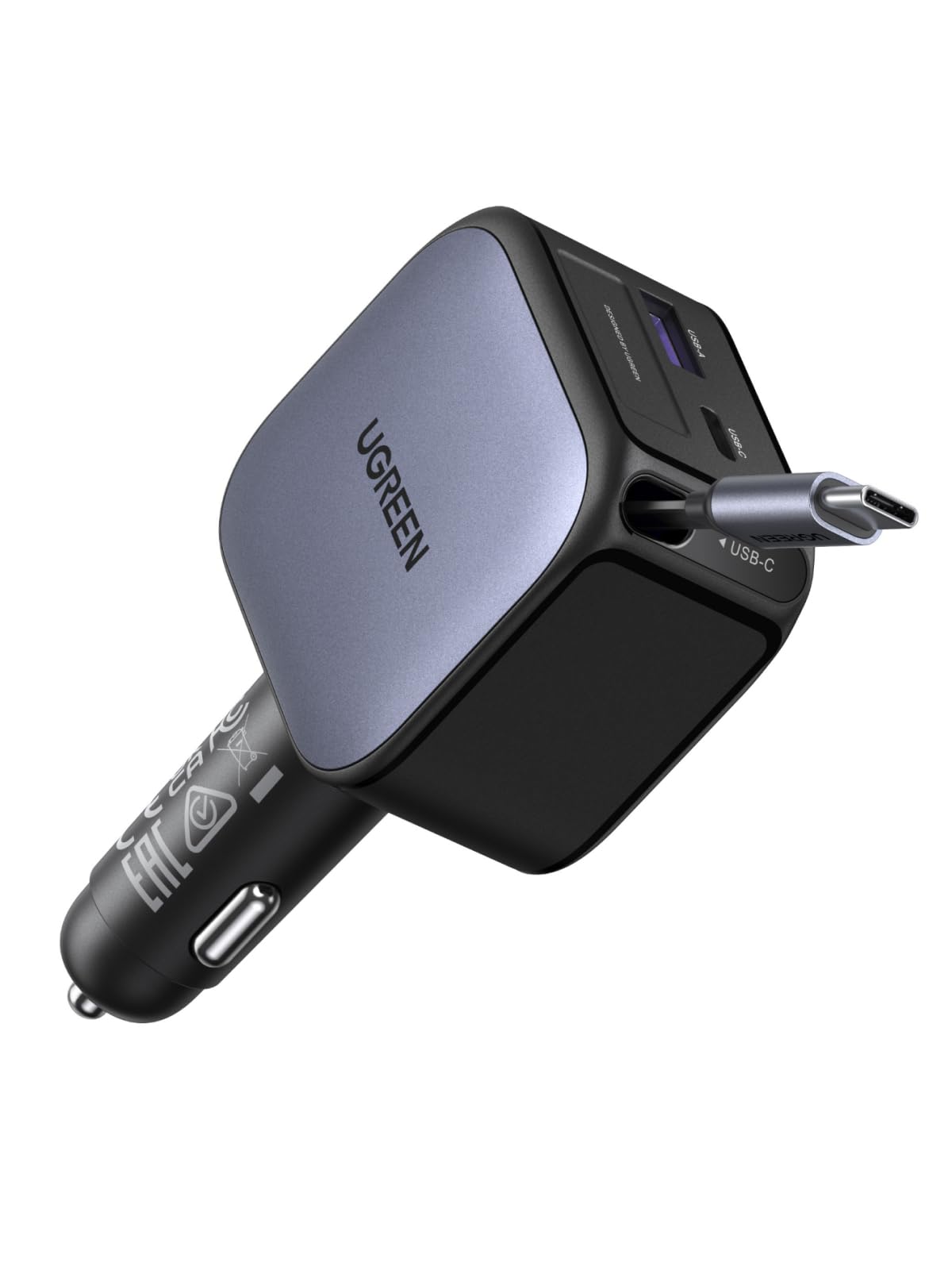 يوجرين شاحن سيارة قابل للسحب 60 وات مع كابل USB C مدمج 30 وات 75 سم، شاحن سيارة Type-C سريع الشحن 2C1A USB فائق السرعة، متوافق مع سلسلة iPhone 17، MacBook Pro/Air، Samsung S25 Ultra