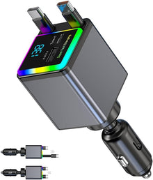 شاحن سيارة X18 قابل للسحب 4 في 1 مع اضاءة RGB من اكس زد ام، محول سيارة USB مزدوج نوع C بقدرة 141 واط، شاحن سيارة صغير الحجم لايفون، متوافق مع اساسيات الرحلات البرية 12 فولت - 24 فولت (كيبل مزدوج من النوع C)