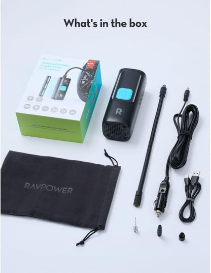 RAVPOWER 3-in-1 Smart Air Compressor with Power Bank & LED Flashlight, Cordless Portable Air Pump for Car, Motorcycle, Bicycle, Auto-Stop, Large LCD Display, Travel Accessories Included, PB1233