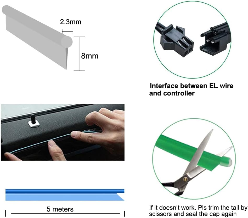 كالاكيلا شريط اضاءة LED داخلي للسيارة من اي ال واير، سلك نيون 5 متر 5 فولت USB مع حماية للمصهر، حافة خياطة 6 ملم، لتزيين السيارات (ازرق، 5 متر)