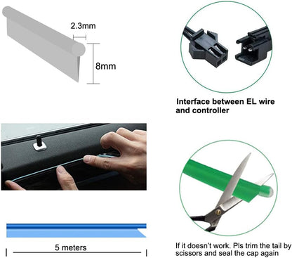 كالاكيلا أضواء شريط LED من سلك EL للداخلية السيارة، سلك نيون 5 متر 5 فولت USB مع حماية الصمامات، تقليم حافة خياطة 6 ملم، لتزيين السيارات. (أبيض، 5 متر)