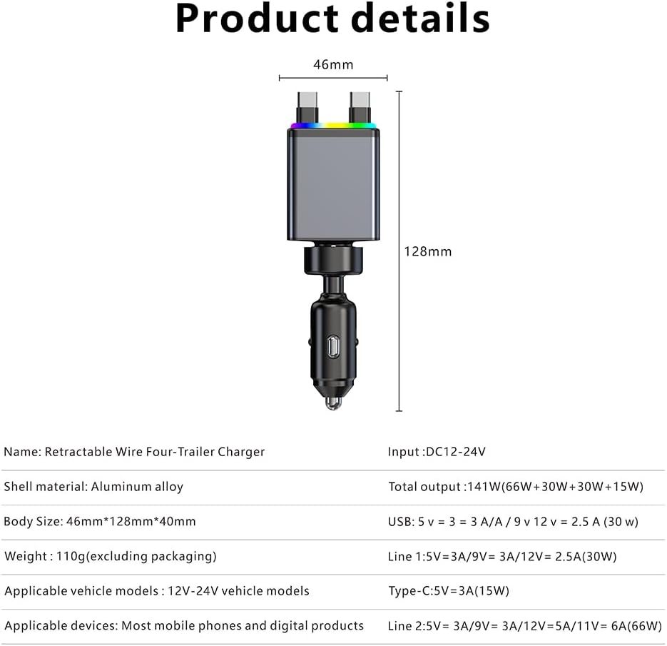 شاحن سيارة X18 قابل للسحب 4 في 1 مع اضاءة RGB من اكس زد ام، محول سيارة USB مزدوج نوع C بقدرة 141 واط، شاحن سيارة صغير الحجم لايفون، متوافق مع اساسيات الرحلات البرية 12 فولت - 24 فولت (كيبل مزدوج من النوع C)