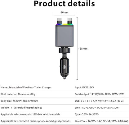 شاحن سيارة X18 قابل للسحب 4 في 1 مع اضاءة RGB من اكس زد ام، محول سيارة USB مزدوج نوع C بقدرة 141 واط، شاحن سيارة صغير الحجم لايفون، متوافق مع اساسيات الرحلات البرية 12 فولت - 24 فولت (كيبل مزدوج من النوع C)