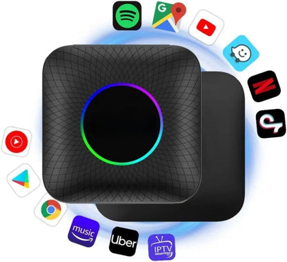 Wireless Android Auto and CarPlay AI Box, Multimedia Video Adapter with Full Android System, 4G LTE, SIM and TF Card Support, RGB Lighting, Plug and Play