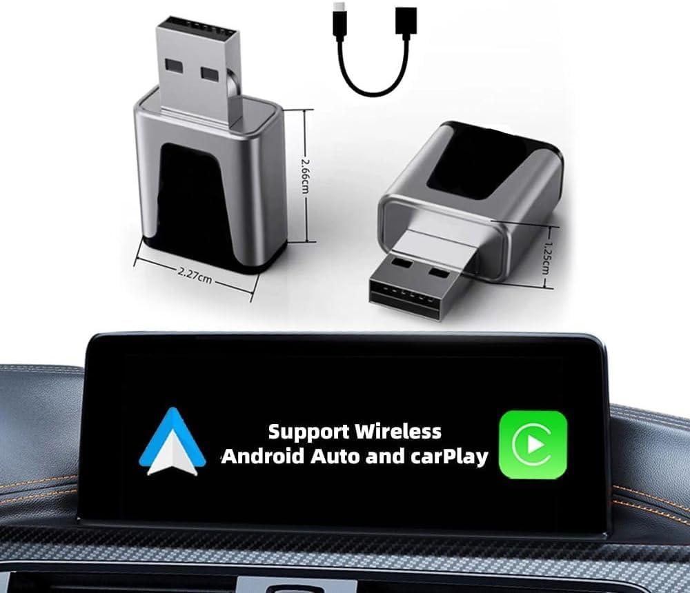 محول كاربلاي لاسلكي - متوافق مع USB-A وUSB-C لايفون واندرويد - 2 في 1 كار بلاي واندرويد اوتو، التوصيل والتشغيل، تحويل سلكي الى لاسلكي، اتصال تلقائي سريع، وقت استجابة منخفض، يعمل مع جميع السيارات