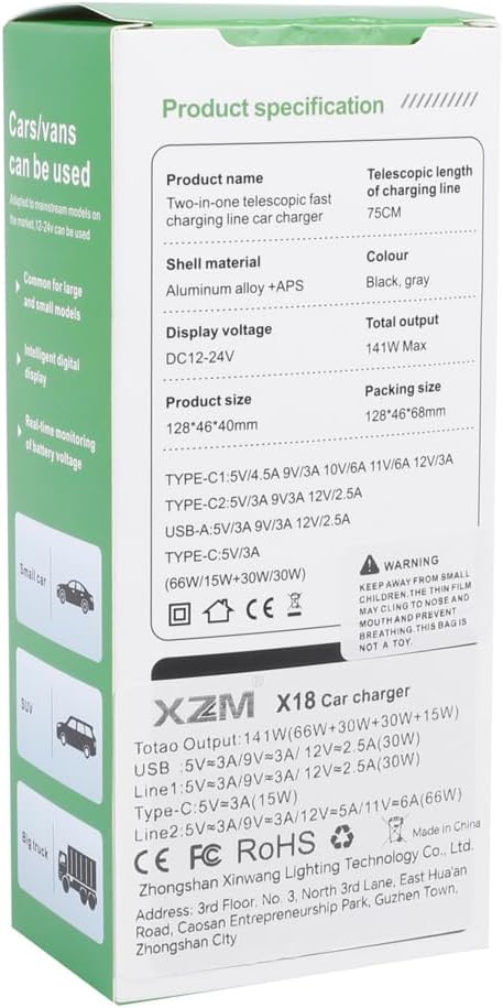 شاحن سيارة X18 قابل للسحب 4 في 1 مع اضاءة RGB من اكس زد ام، محول سيارة USB مزدوج نوع C بقدرة 141 واط، شاحن سيارة صغير الحجم لايفون، متوافق مع اساسيات الرحلات البرية 12 فولت - 24 فولت (كيبل مزدوج من النوع C)
