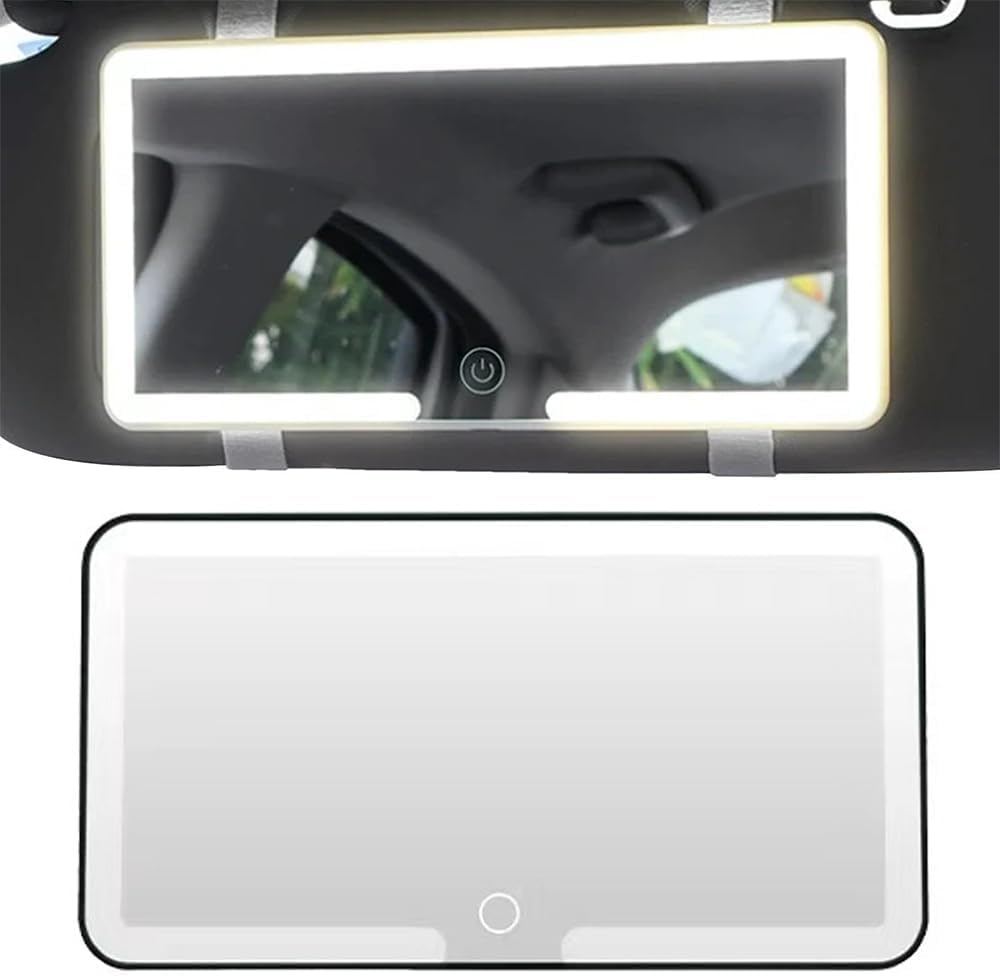 BIGTHREE® Car Sun Visor LED Cosmetic Mirror, Universal Car Mirror Vanity, with 3 Light Modes, Dimmable Touch Control, LED Car Light Up Mirror, Rechargeable Car Makeup Mirror, for all cars