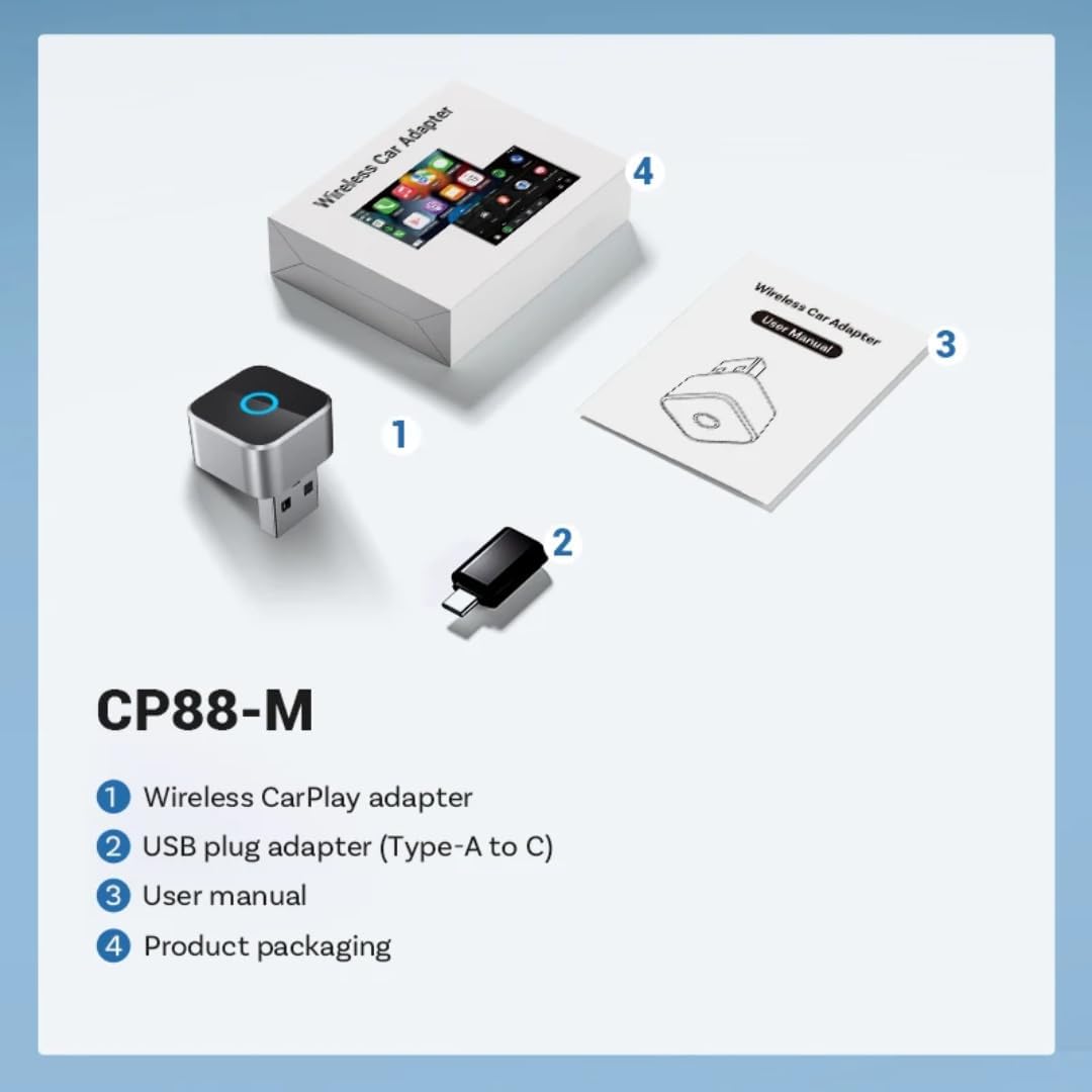 محول كاربلاي واندرويد اوتو لاسلكي للسيارة CP88-M، مستقبل واي فاي 5 جيجاهرتز وبلوتوث 4.2، اتصال فوري ومستقر، يتضمن محول USB-A الى Type-CWireless CarPlay & Android Auto Adapter CP88-M, 5GHz WiFi & Bluet