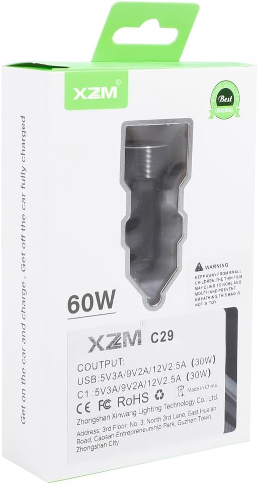 شاحن سيارة C29 USB-C بقدرة 60 واط من اكس زد ام، محول سيارة USB + نوع سي، شاحن هاتف سيارة صغير الحجم لايفون، لا غنى عنه للرحلات البرية، متوافق مع 5 فولت-12 فولت (USB + نوع C)