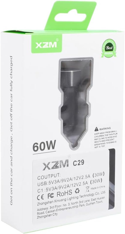 شاحن سيارة C29 USB-C بقدرة 60 واط من اكس زد ام، محول سيارة USB + نوع سي، شاحن هاتف سيارة صغير الحجم لايفون، لا غنى عنه للرحلات البرية، متوافق مع 5 فولت-12 فولت (USB + نوع C)