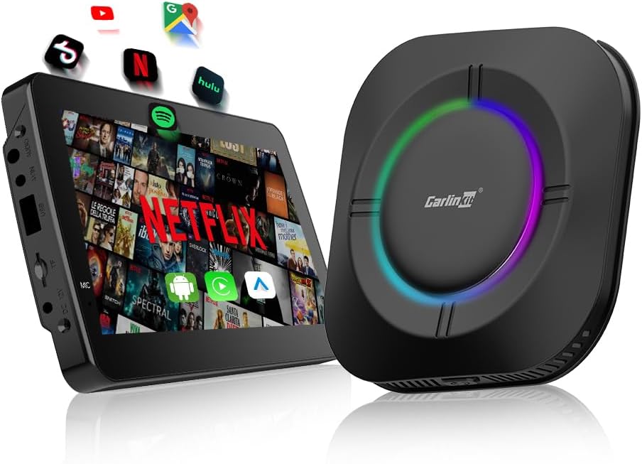 Carlinkit Tbox S2 LED، أندرويد 13، 8 جيجابايت + 128 جيجابايت، محول لاسلكي 3 في 1 مع CarPlay/Android Auto/Play Store/بث الفيديو/مركز الألعاب/نظام تحديد المواقع العالمي (GPS) المدمج