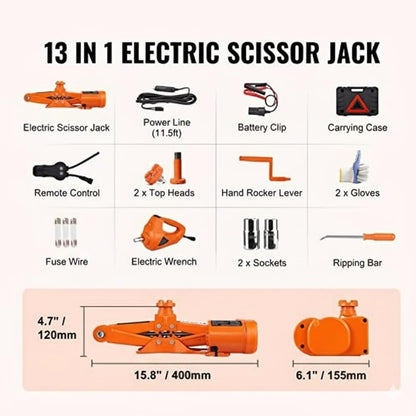 12V Electric Car Jack and Impact Wrench Kit - 3 Ton Scissor Lift with Remote Control & Double Saddles - Portable Vehicle Tire Change Tool Set with Carrying Case for Sedan, SUV & Truck