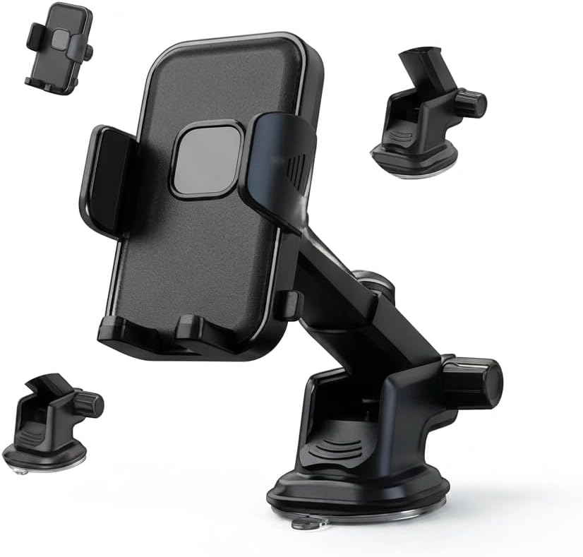 Car Phone Holder with Suction Cup – Dashboard & Windshield Phone Holder, Telescopic Extendable Arm, 360° Rotation, One-Hand Quick Release, Universal Fit for iPhone Samsung & All Smartphones