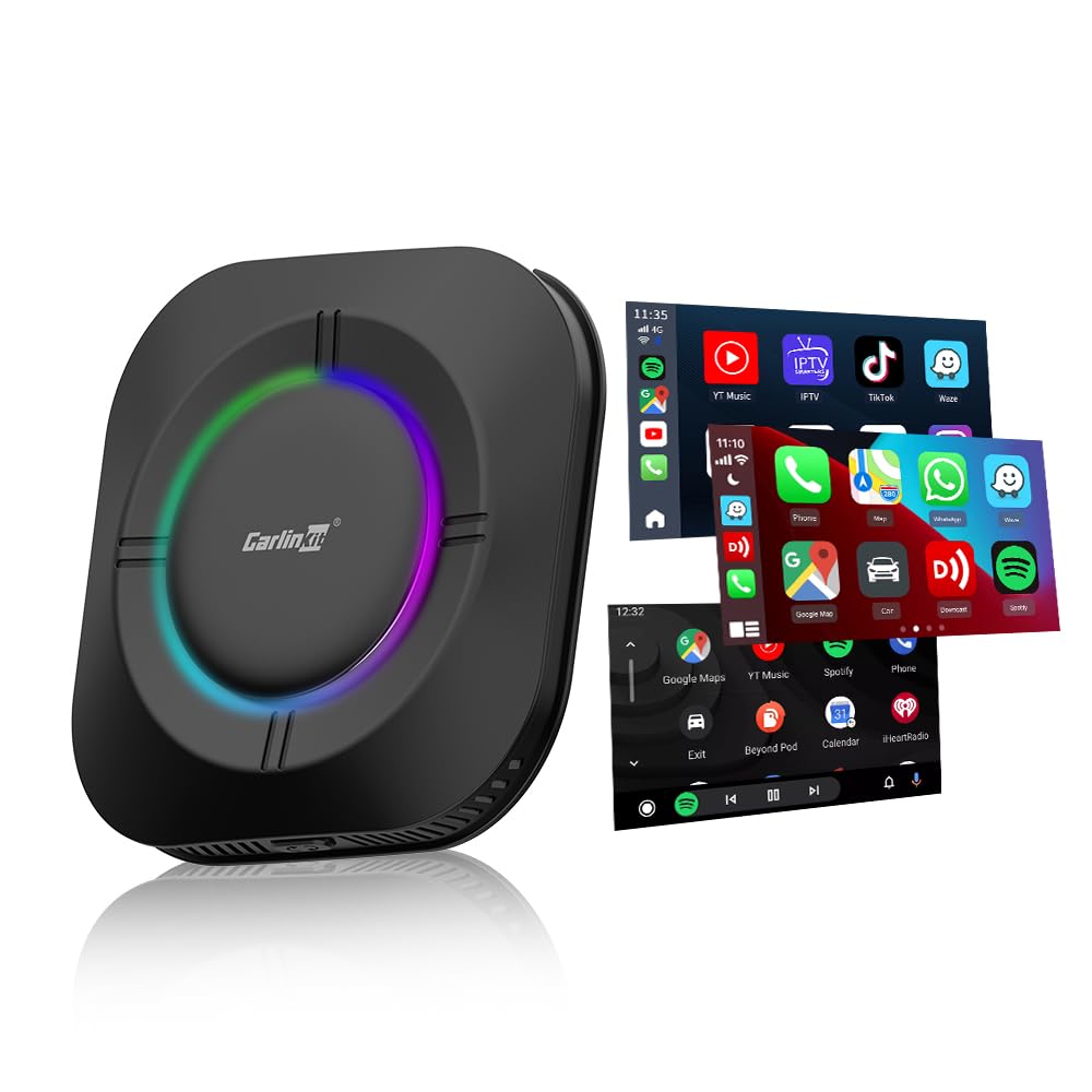 Carlinkit Tbox S2 LED، أندرويد 13، 8 جيجابايت + 128 جيجابايت، محول لاسلكي 3 في 1 مع CarPlay/Android Auto/Play Store/بث الفيديو/مركز الألعاب/نظام تحديد المواقع العالمي (GPS) المدمج