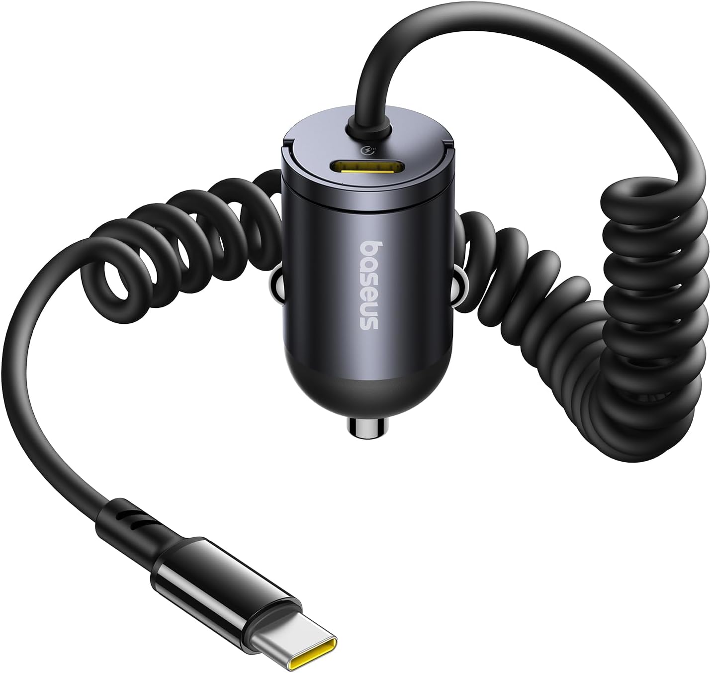 باسيوس 【منفذ واحد - كيبل ملفوف نوع C + 30 واط من النوع C】شاحن سيارة USB-C فائق السرعة بي دي وكيو سي 3.0 لايفون 15 وسامسونج وسلسلة وايباد وماك بوك اير والمزيد