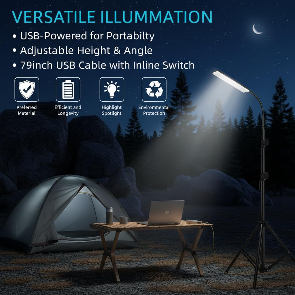 LED Camping Light, 1680LM High Brightness Portable Outdoor Lamp with Telescopic Tripod | Powered by USB Cable for Continuous Light | for Camping, Emergency, Garden, Tent, Car Repair