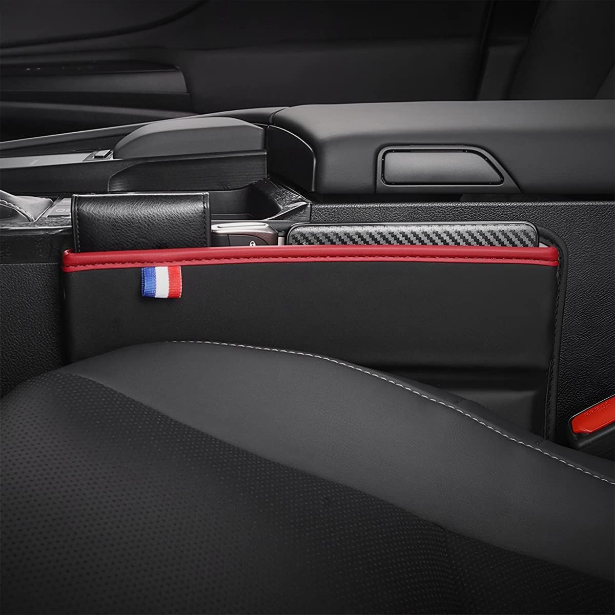2 Pcs Car Seat Gap Filler Organizers, PU Leather Auto Seat Gap Storage Case, Universal Car Seat Organizer with Charging Hole for Phones, Cards, Keys, Glasses (Black)