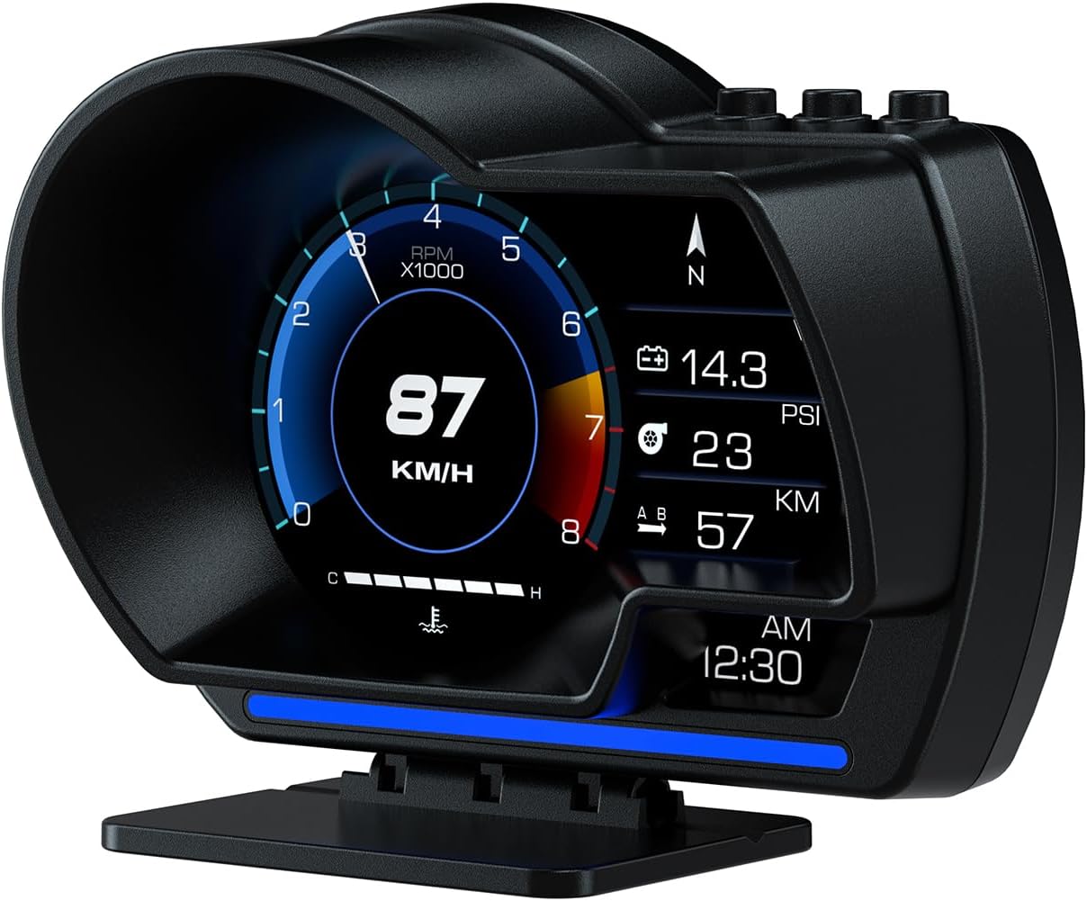 TERRIFI Car HUD Head Up Display P6, OBD Gauge Display+GPS Speedometer Dual System Smart Gauge Display, speed alarm, water temperature alarm, Works Great for Most Cars