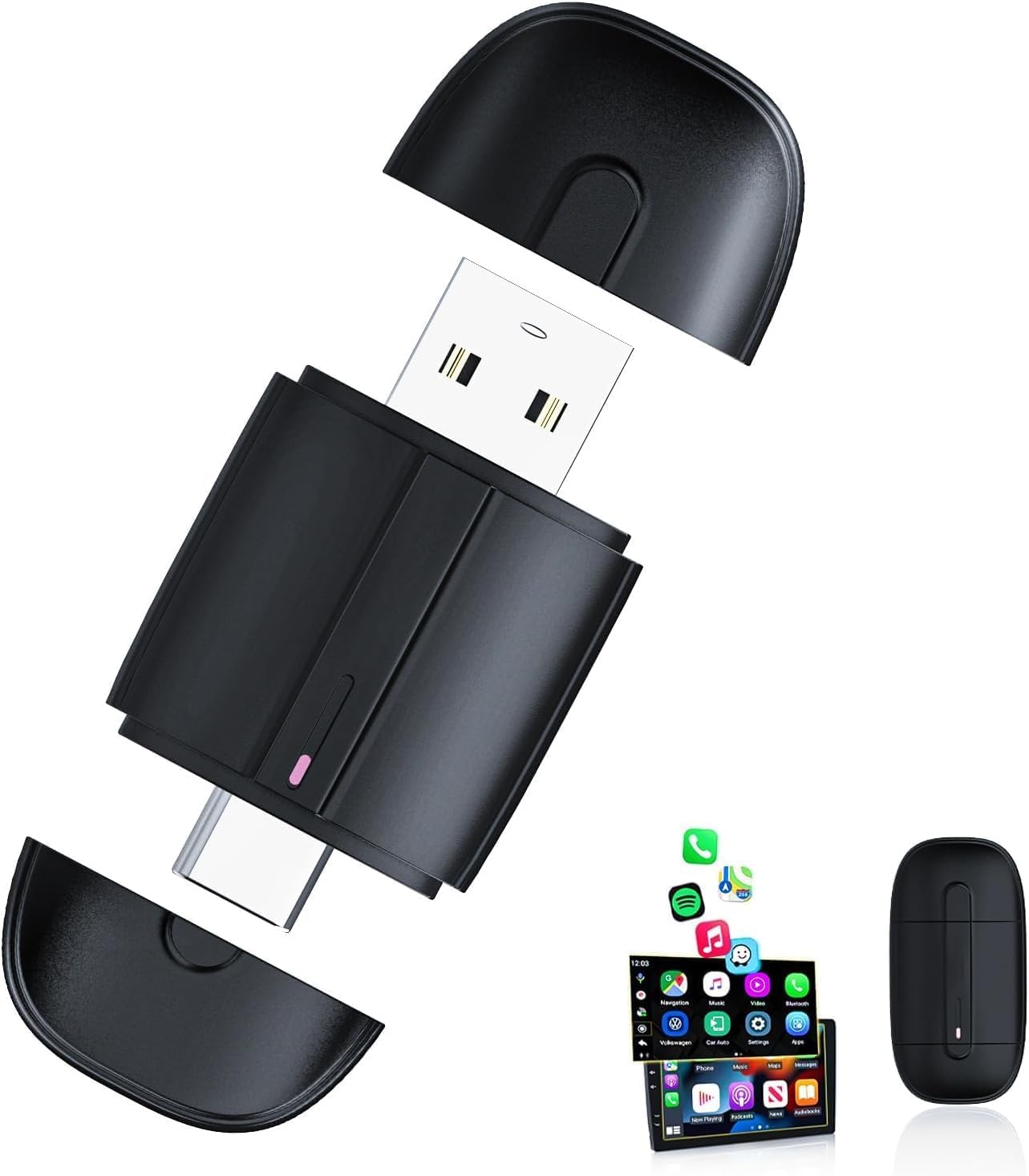 محول كاربلاي لاسلكي لايفون، USB A ونوع C، مطور سلكي الى لاسلكي كاربلاي، التوصيل والتشغيل، تصميم مضغوط، متوافق مع سيارات 2017+، اي او اس 10 وما فوق، اسود