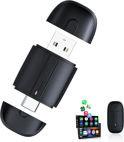 محول كاربلاي لاسلكي لايفون، USB A ونوع C، مطور سلكي الى لاسلكي كاربلاي، التوصيل والتشغيل، تصميم مضغوط، متوافق مع سيارات 2017+، اي او اس 10 وما فوق، اسود