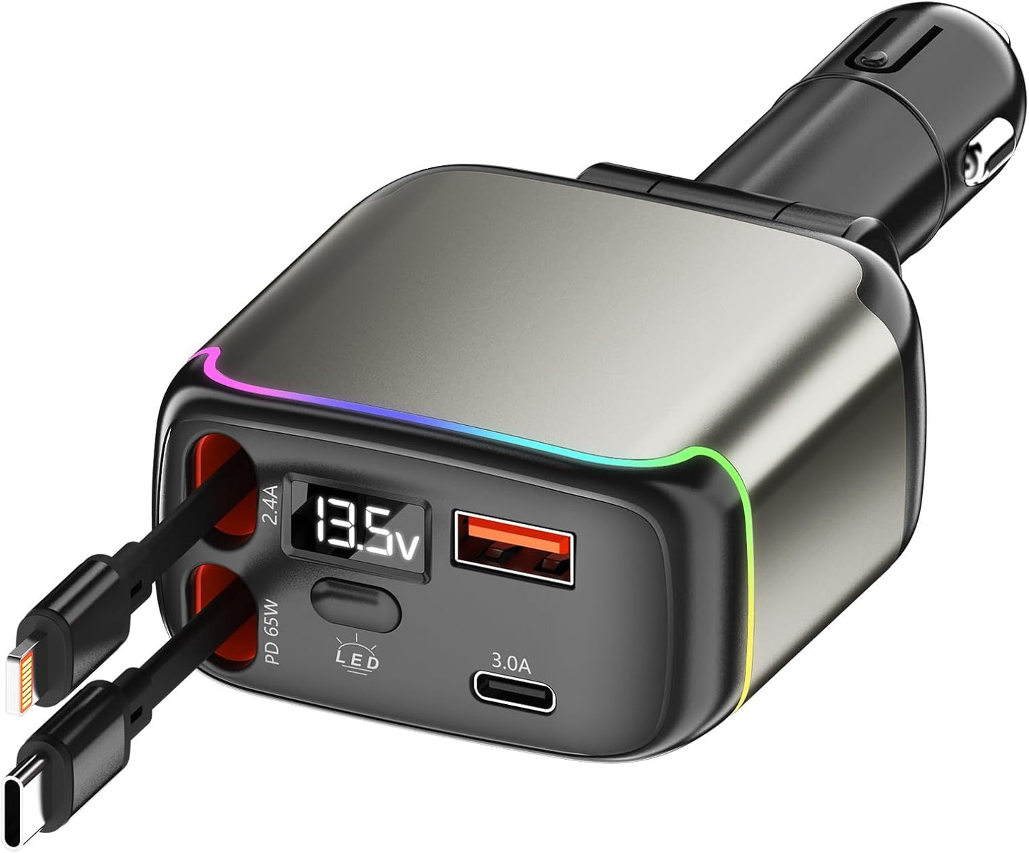 XXZU 137W Retractable Car Charger, 65W USB C Fast Charging with Dual Retractable Cables, 2 Charging Ports, Voltage Display, Cigarette Lighter, 4-in-1 Car Charger Adapter for iPhone/Android/iPad/Laptop