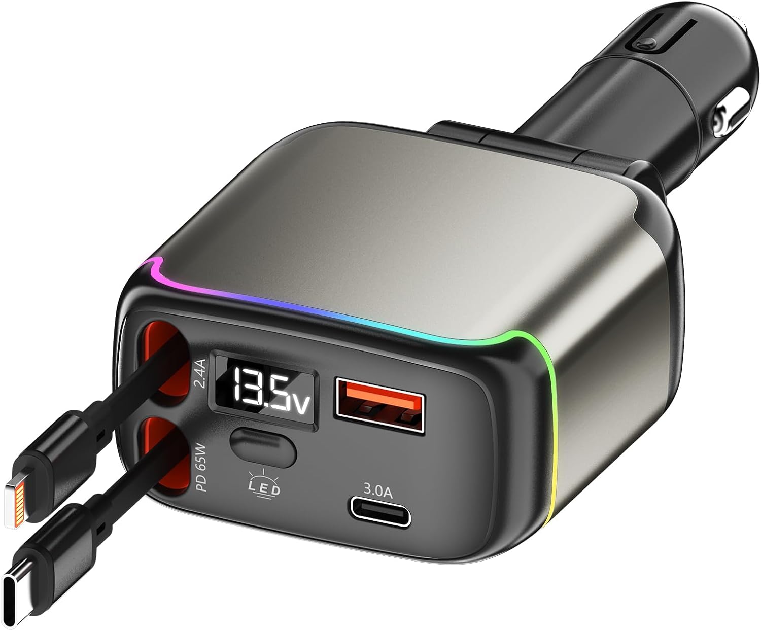 XXZU 137W Retractable Car Charger, 65W USB C Fast Charging with Dual Retractable Cables, 2 Charging Ports, Voltage Display, Cigarette Lighter, 4-in-1 Car Charger Adapter for iPhone/Android/iPad/Laptop