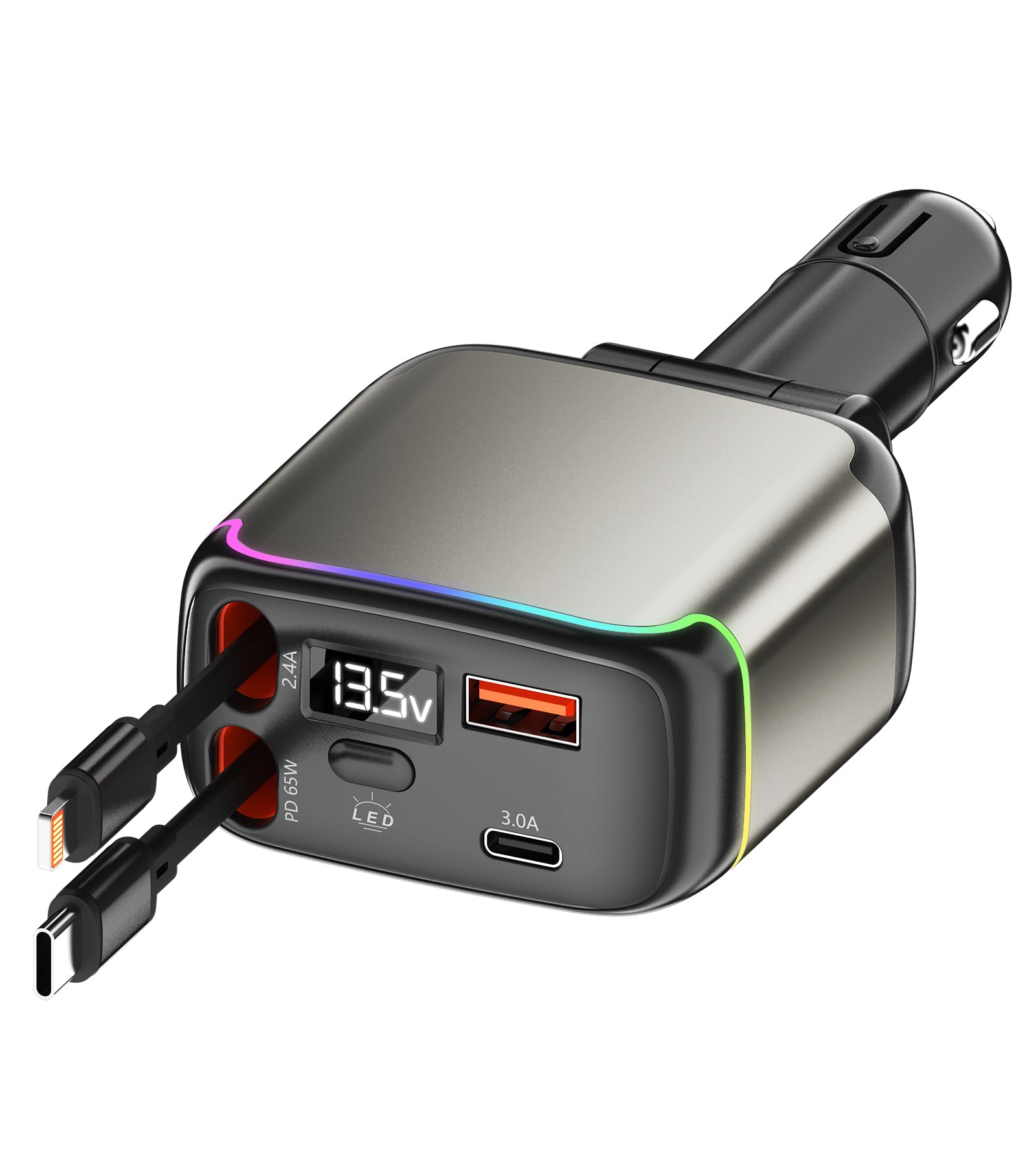 XXZU 3-in-1 Fast Car Charger, 60W Retractable Car Charger with 70cm Built-in USB C Cable, Cigarette Lighter Adapter with USB C & USB A Ports, Compatible with iPhone Series, Samsung Galaxy, Pixel, iPad