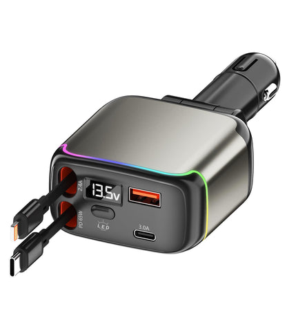 XXZU 3-in-1 Fast Car Charger, 60W Retractable Car Charger with 70cm Built-in USB C Cable, Cigarette Lighter Adapter with USB C & USB A Ports, Compatible with iPhone Series, Samsung Galaxy, Pixel, iPad
