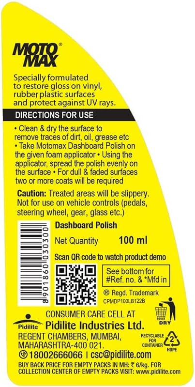 Motomax Dashboard Polish 100 ml with cleaners & silicone | Restore, shine dull dashboards| Protect from UV rays, cracking, fading & sun heat | Safe on tyre, rubber, plastic, vinyl parts of car & bikes