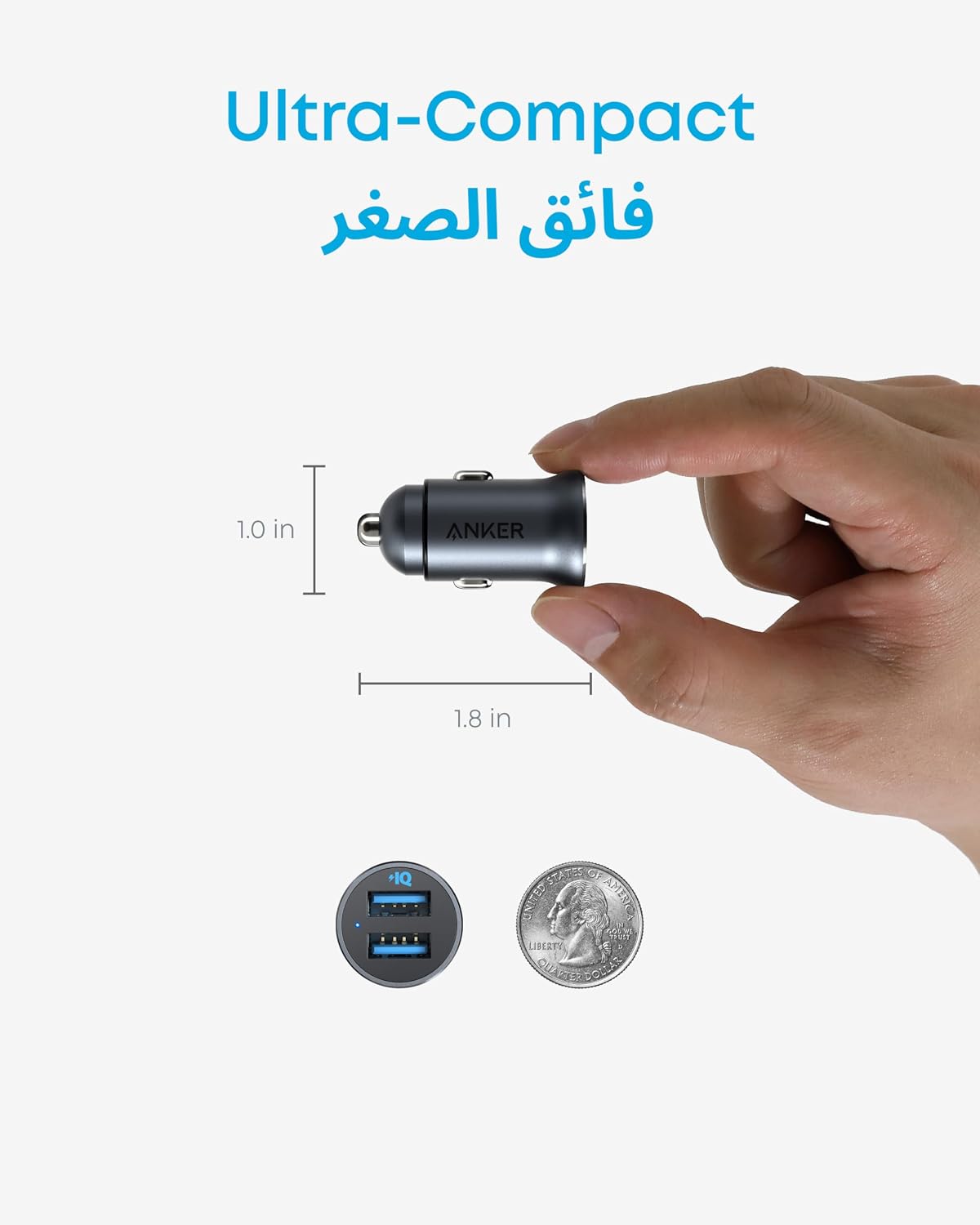 شاحن سيارة من انكر، شاحن سيارة معدني ميني 24 واط/4.8 امبير مع منفذ USB مزدوج، محول سيارة باور درايف 2 مع مصباح ليد أزرق، لهاتف ايفون 16/15/14/13/12، سامسونج، هواوي، شاومي، ريدماي، فيفيو، اوبو والمزيد