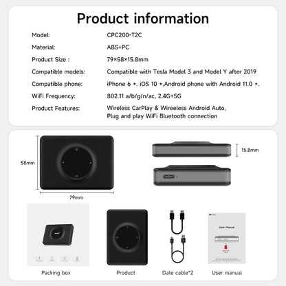 Wireless CarPlay Android Auto Adapter for Tesla Model Y & Model 3, Lossless Upgrading of The Original Vehicle for Apple/Android Phones,2.4G+5G Dual Band WiFi, Black