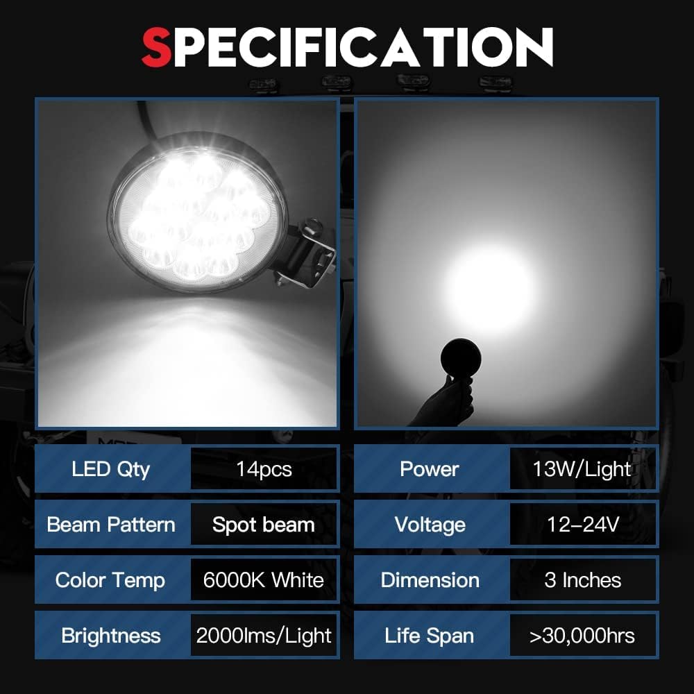 LED Fog Lights, Round 3 Inch Slim Pods Spot White Driving Reverse Small Circle Work Light Bar Kit for Jeep Truck Off-Road ATV UTV SUV Car Motorcycle Boat Tractor Hood Bumper Mount (2 Pack)