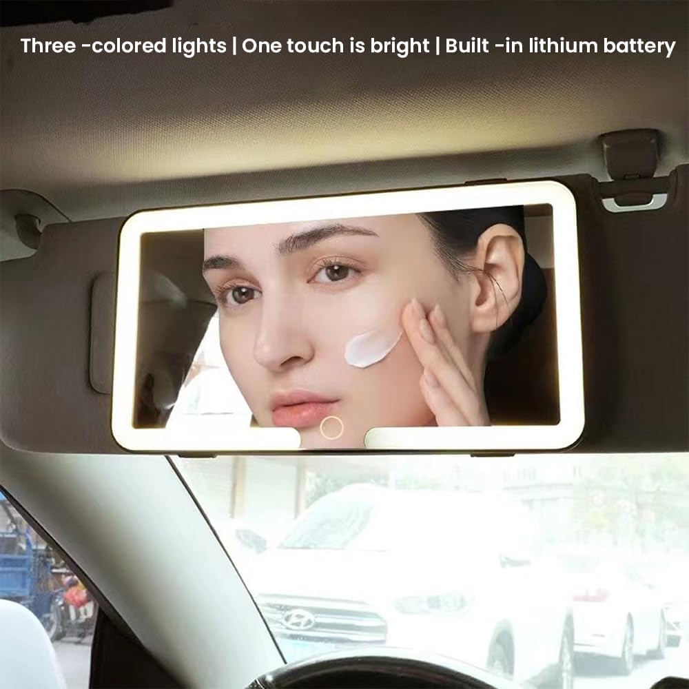 BIGTHREE® Car Sun Visor LED Cosmetic Mirror, Universal Car Mirror Vanity, with 3 Light Modes, Dimmable Touch Control, LED Car Light Up Mirror, Rechargeable Car Makeup Mirror, for all cars