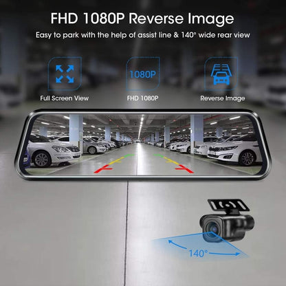 Jansite 10'' Mirror Dash Cam Night Vision 1080P FHD Full Touch Screen Front and Rear View Backup Camera for Cars Loop Recording Streaming Media 170°Wide Angle Parking Assistance with 10 Meters Cable
