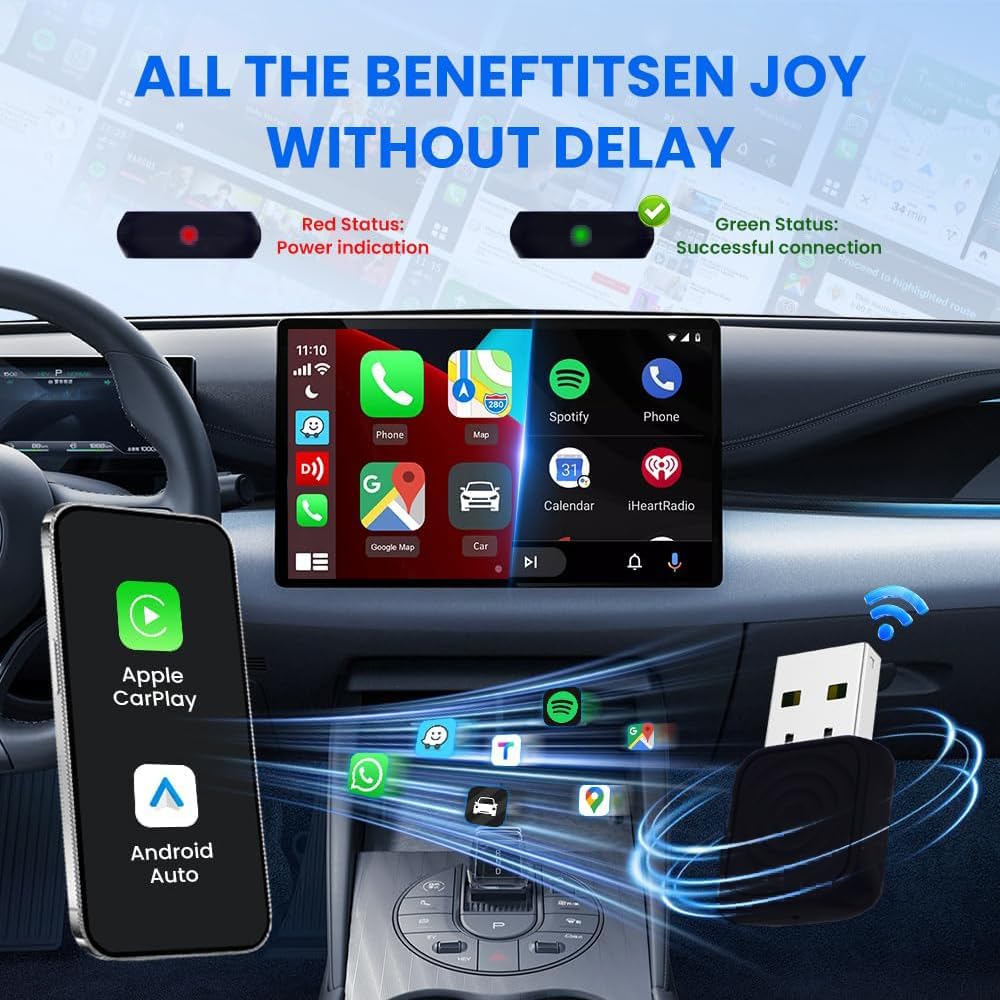 محول 2 في 1 لاسلكي صغير لنظام أندرويد أوتوماتيكي ونظام كاربلاي لاسلكي لأجهزة iOS 10+ وأندرويد 11+، USB-A/نوع C، التوصيل والتشغيل، وقت استجابة منخفض، سيارات OEM، أسود
