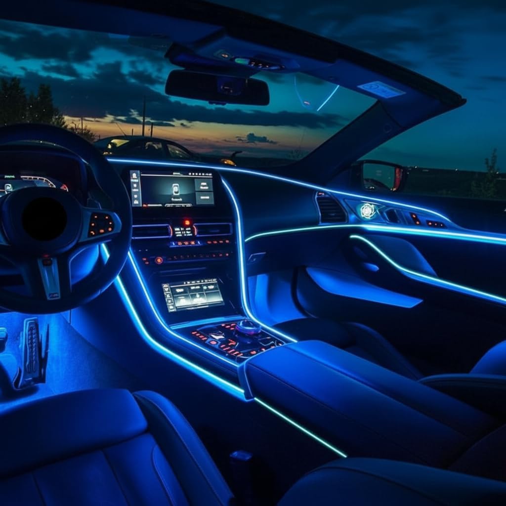 شريط اضاءة LED داخلي للسيارة بطول 5 متر من دونيكارت، مجموعة اضاءة محيطية نيون ولوحة متوهجة بسلك اي ال لتزيين لوحة العدادات الاوتوماتيكية، مصباح جو مع محول 12 فولت - ازرق ثلجي