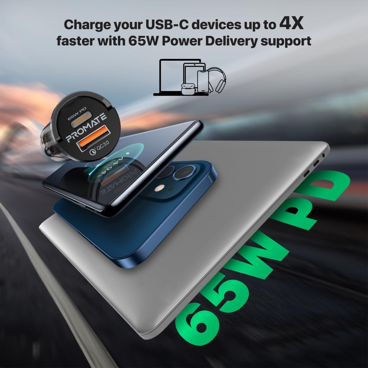 بروميت شاحن سيارة، محول سيارة شفاف صغير للغاية 65 واط مع منفذ توصيل طاقة USB نوع سي، منفذ USB نوع A، مقبض صغير وحماية من الحرارة متوافق مع آيفون 17، جالاكسي 23، ترانس درايف، 65 واط