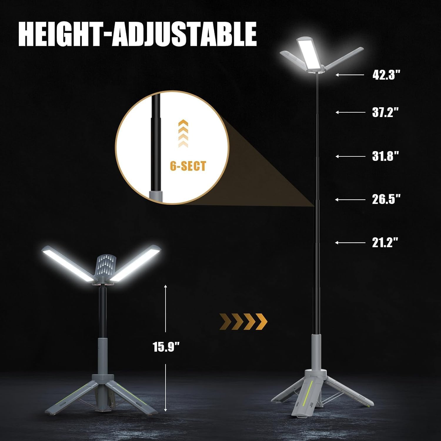 Telescopic Camping Lights Rechargeable 8000 mAh Led Multifunction Lanterns Job Site Lighting Cordless Dimmable Camping Tent Lamp Portable Power Supply 3000LM Waterproof (Cool Grey)