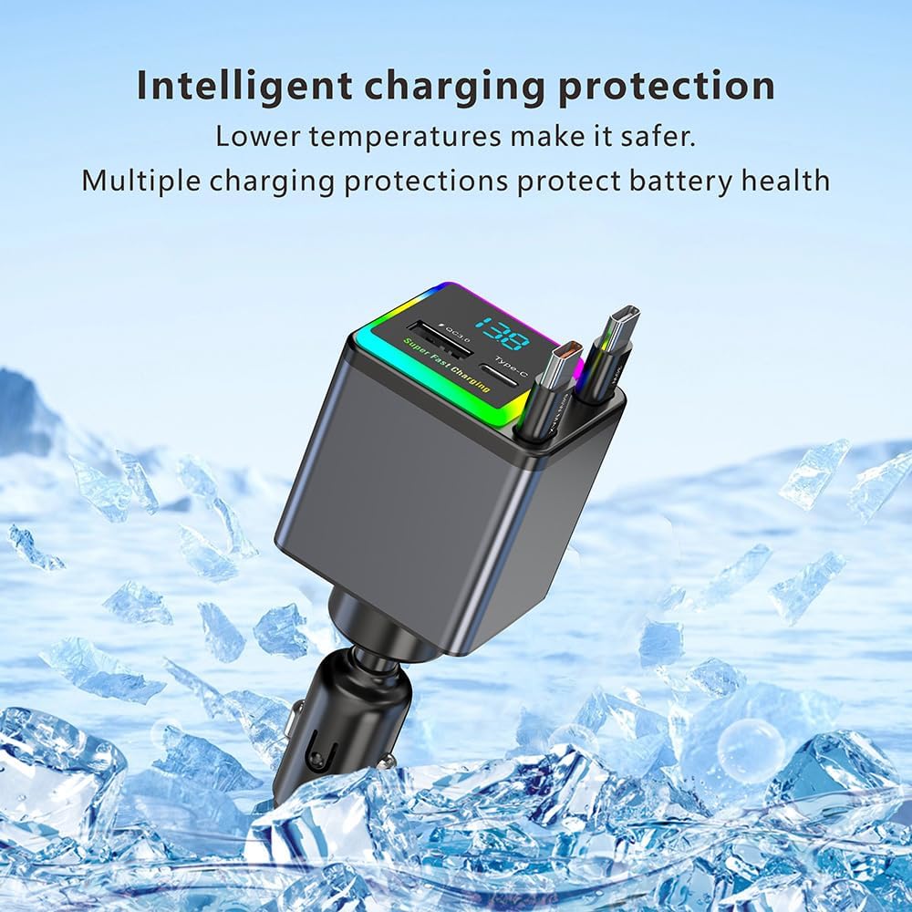 شاحن سيارة X18 قابل للسحب 4 في 1 مع اضاءة RGB من اكس زد ام، محول سيارة USB مزدوج نوع C بقدرة 141 واط، شاحن سيارة صغير الحجم لايفون، متوافق مع اساسيات الرحلات البرية 12 فولت - 24 فولت (كيبل مزدوج من النوع C)