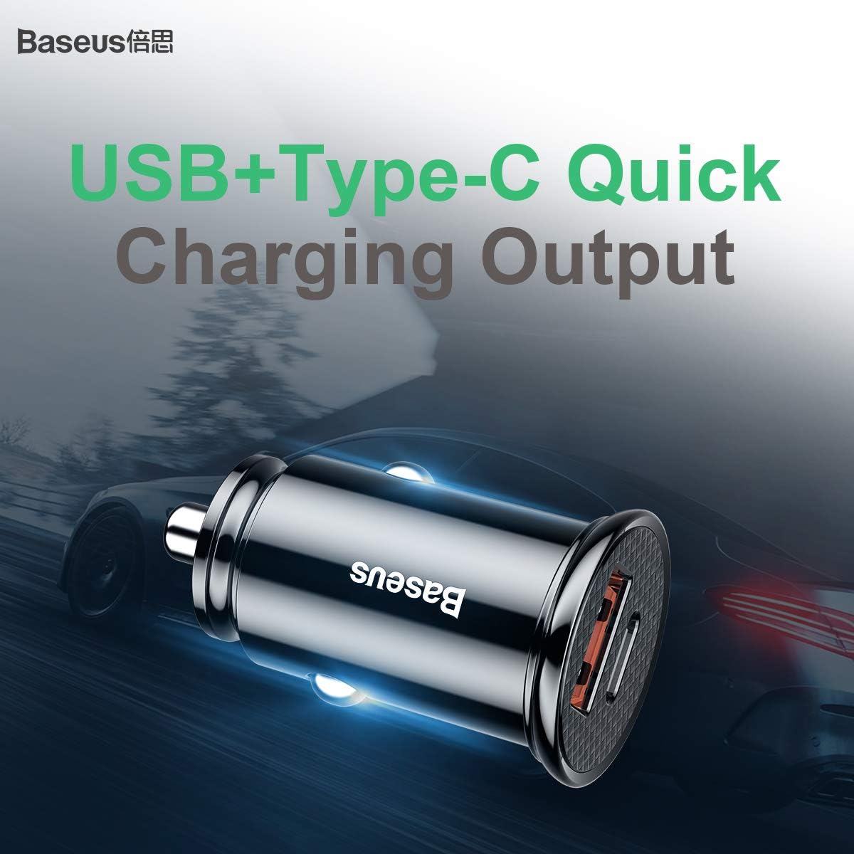 باسيوس شاحن سيارة ذكي سريع 30 واط بمنفذين USB وUSB-C يدعم QC4.0 PD3.0 SCP AFC VOOC، شاحن سيارة صغير 12 فولت - 24 فولت مع ضوء LED وحماية امان متعددة الطبقات لموبايل ايفون
