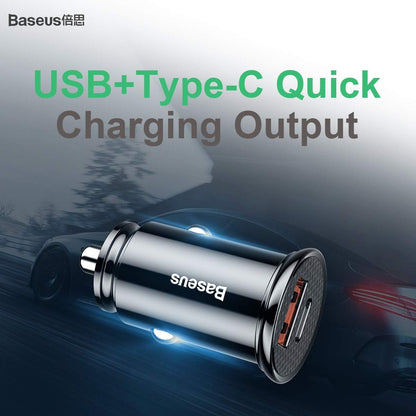 باسيوس شاحن سيارة ذكي سريع 30 واط بمنفذين USB وUSB-C يدعم QC4.0 PD3.0 SCP AFC VOOC، شاحن سيارة صغير 12 فولت - 24 فولت مع ضوء LED وحماية امان متعددة الطبقات لموبايل ايفون